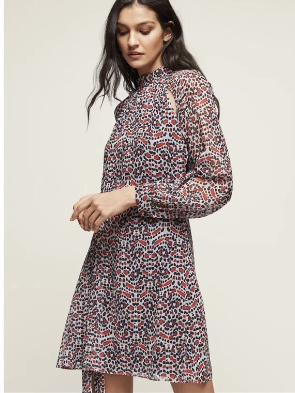 REISS Avis Printed Cut-Out Shoulder Tie Waist Mini Dress Size US 10 UK 14